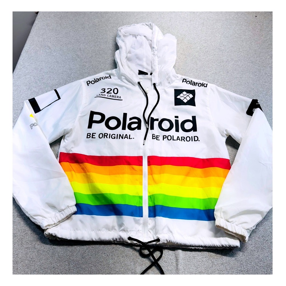 Polaroid Windbreaker Jacket Men L White Rainbow Stripe 320 Land Camera NWT Retro